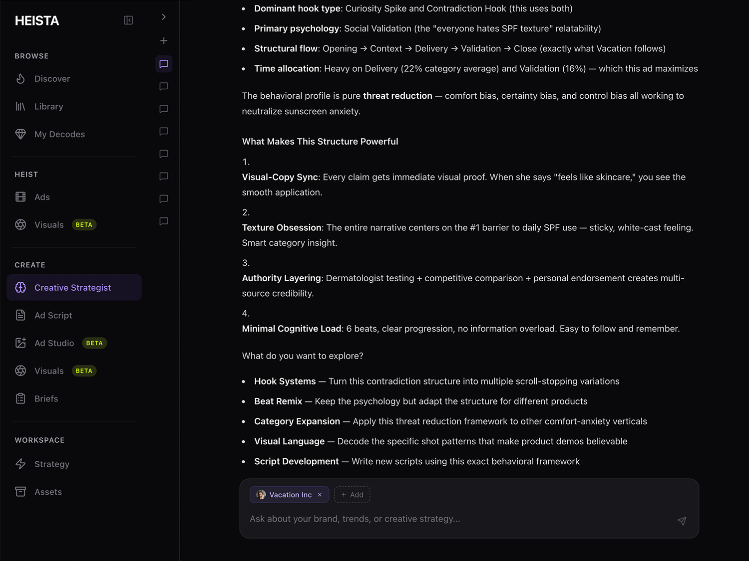 Heista Creative Strategist chat — an AI strategist answering questions about winning ad formulas, hook types, and structural patterns