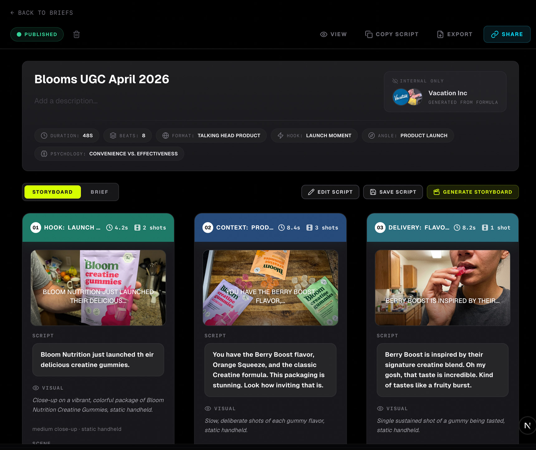 Heista Creator Brief — a Blooms UGC brief with storyboard, script, and shot direction ready to hand off to creators