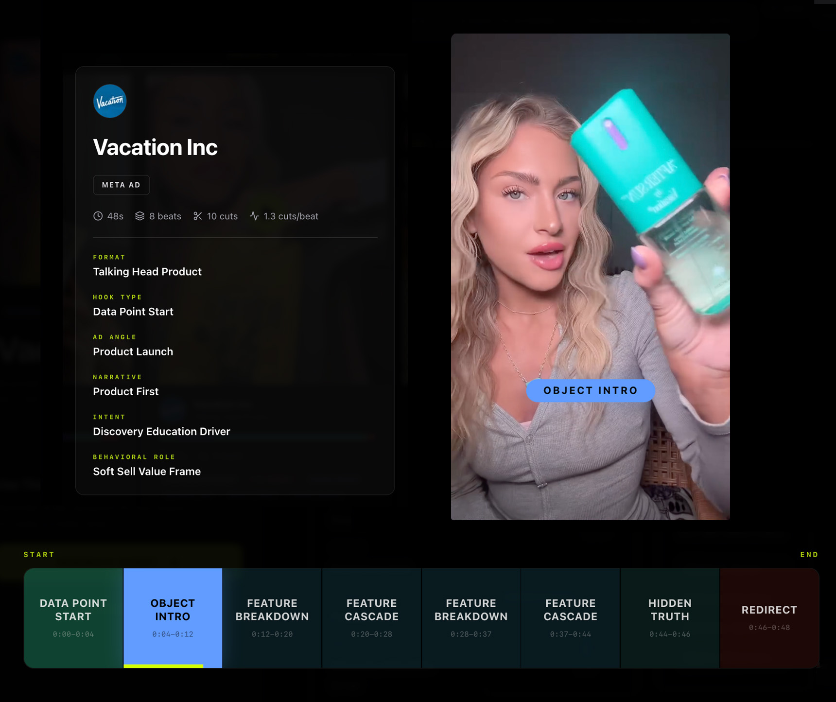 Heista video decoder showing decoded ad with structural beats, hook type, and psychology