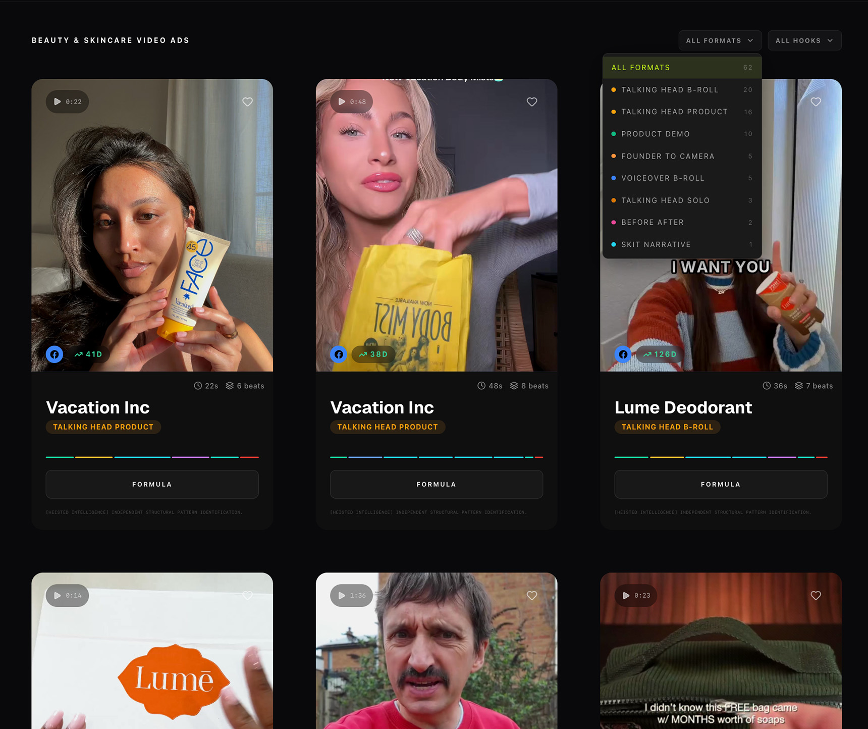Heista library showing decoded beauty and skincare video ads with format and hook filters
