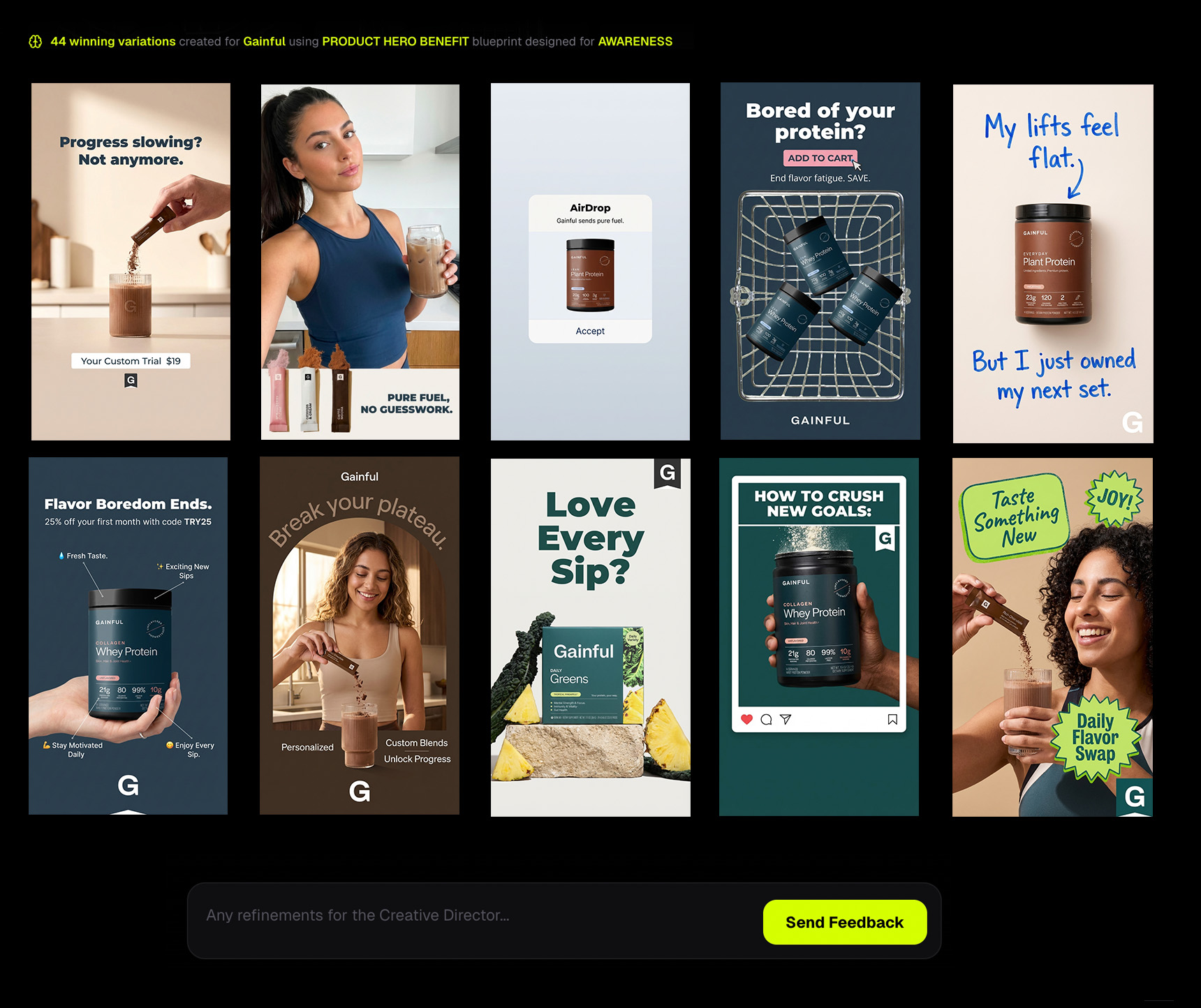 Heista Ad Creator — 44 brand-adapted static ad variations generated for Gainful using the Product Hero Benefit blueprint