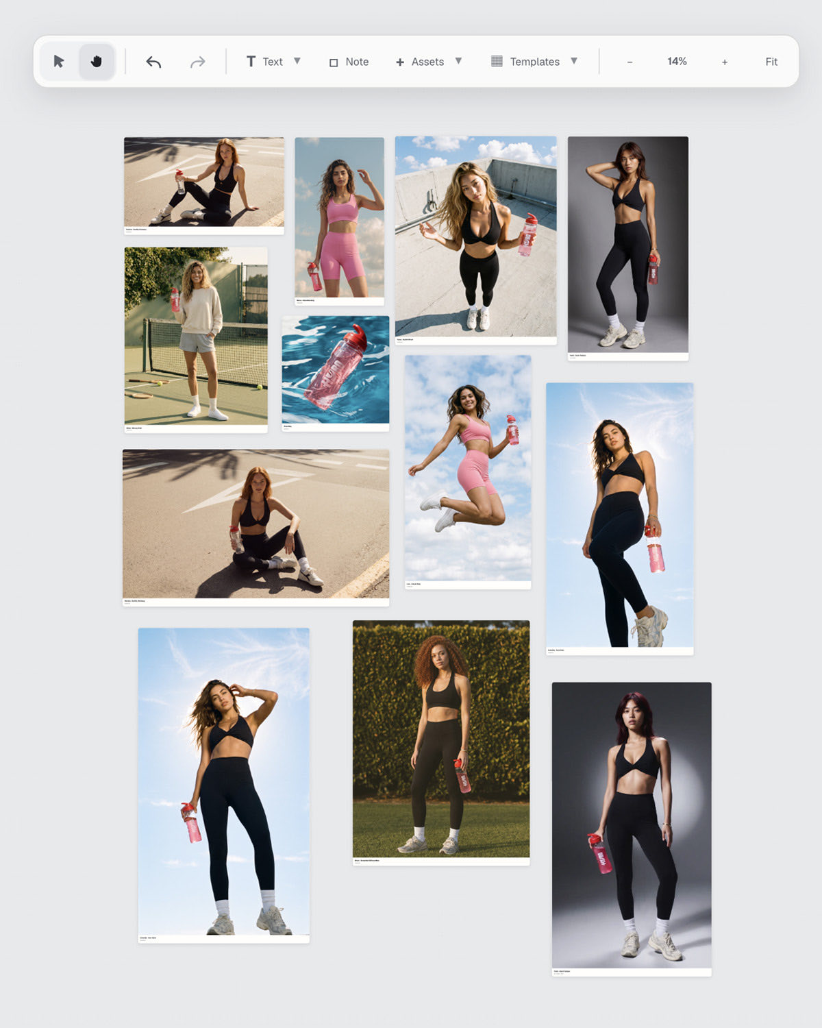 Moodboard stills, key visuals and campaign frames arranged together on one shared canvas.