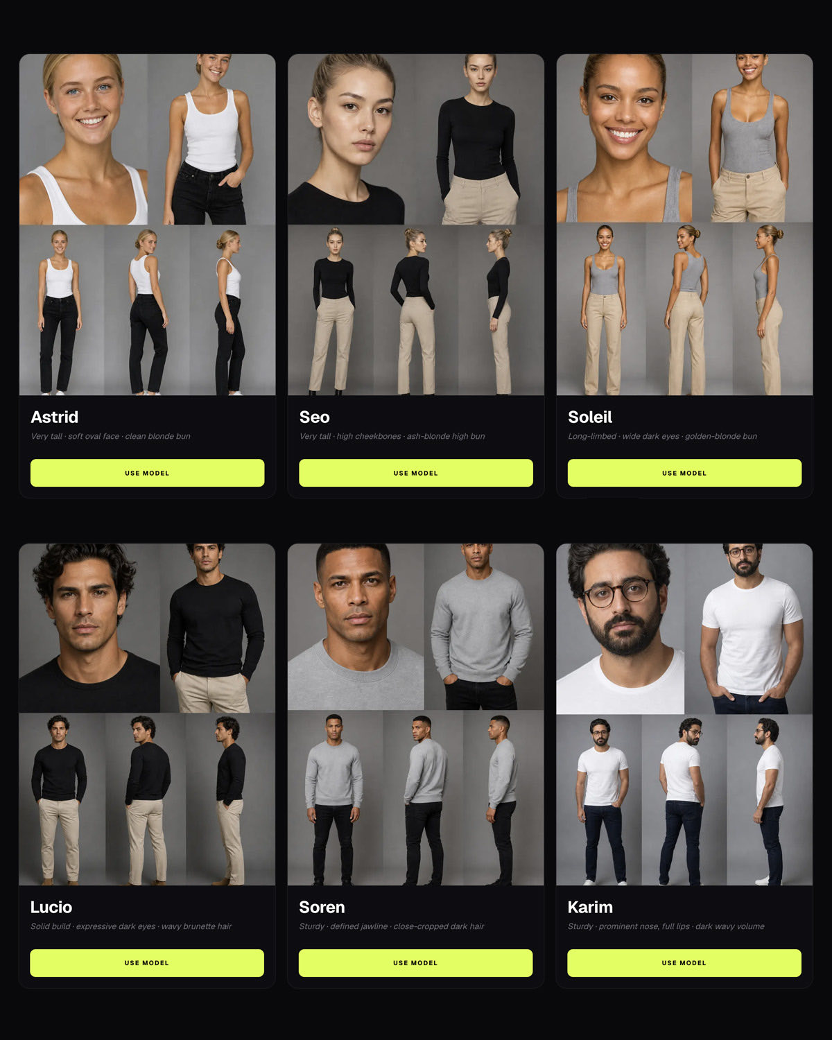 Talent cast and wardrobe styled once, then carried consistently across a campaign.