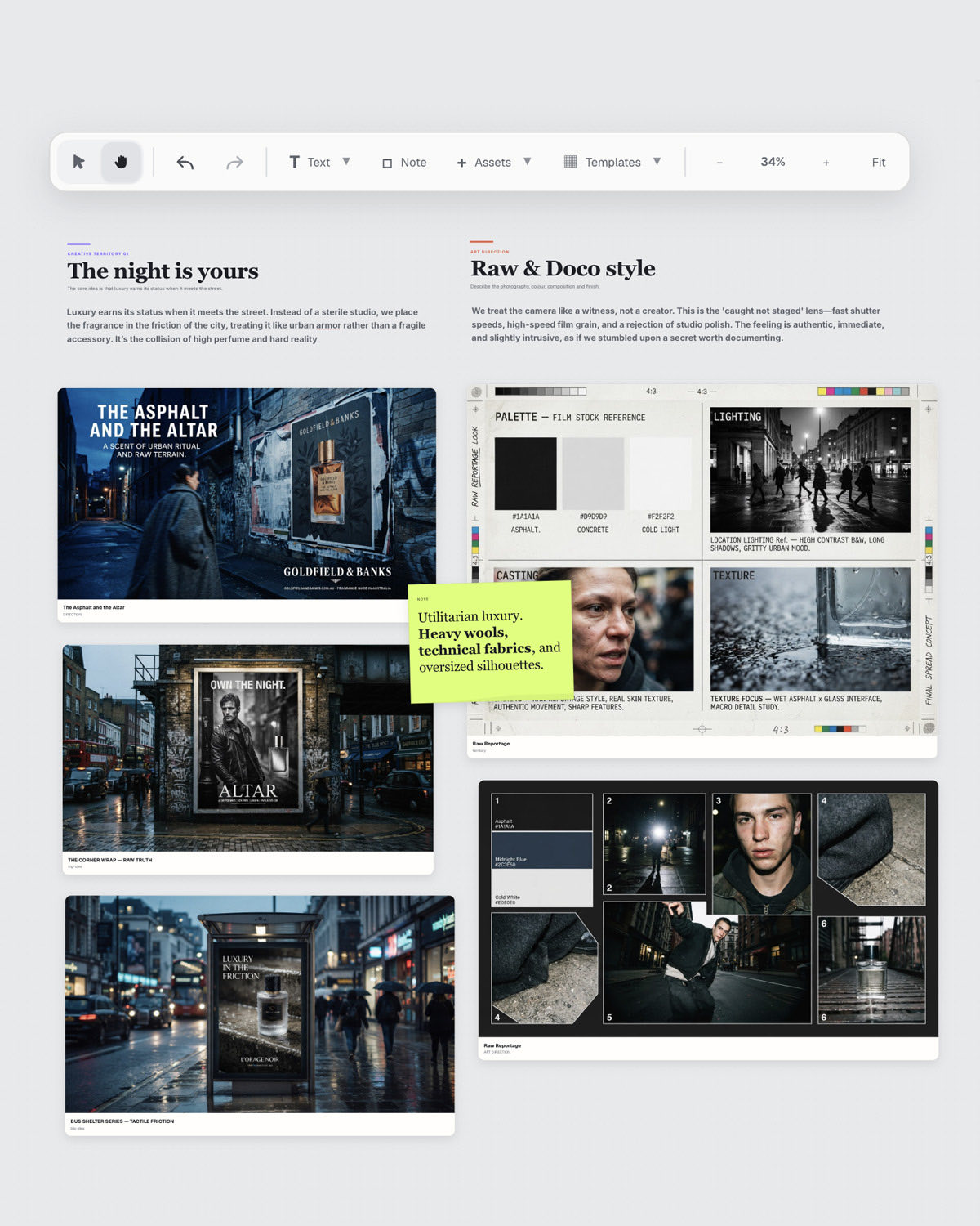 Directions, copy, images and storyboards arranged together on one shared canvas.