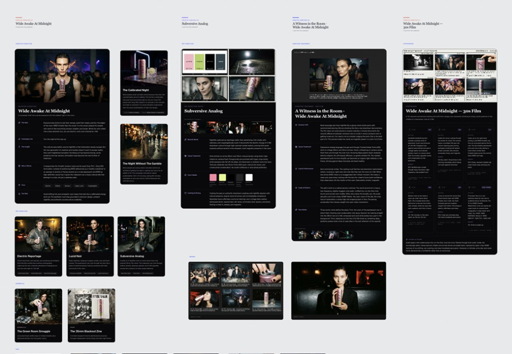 A campaign developed in the workspace, from territories and art direction through to finished executions.