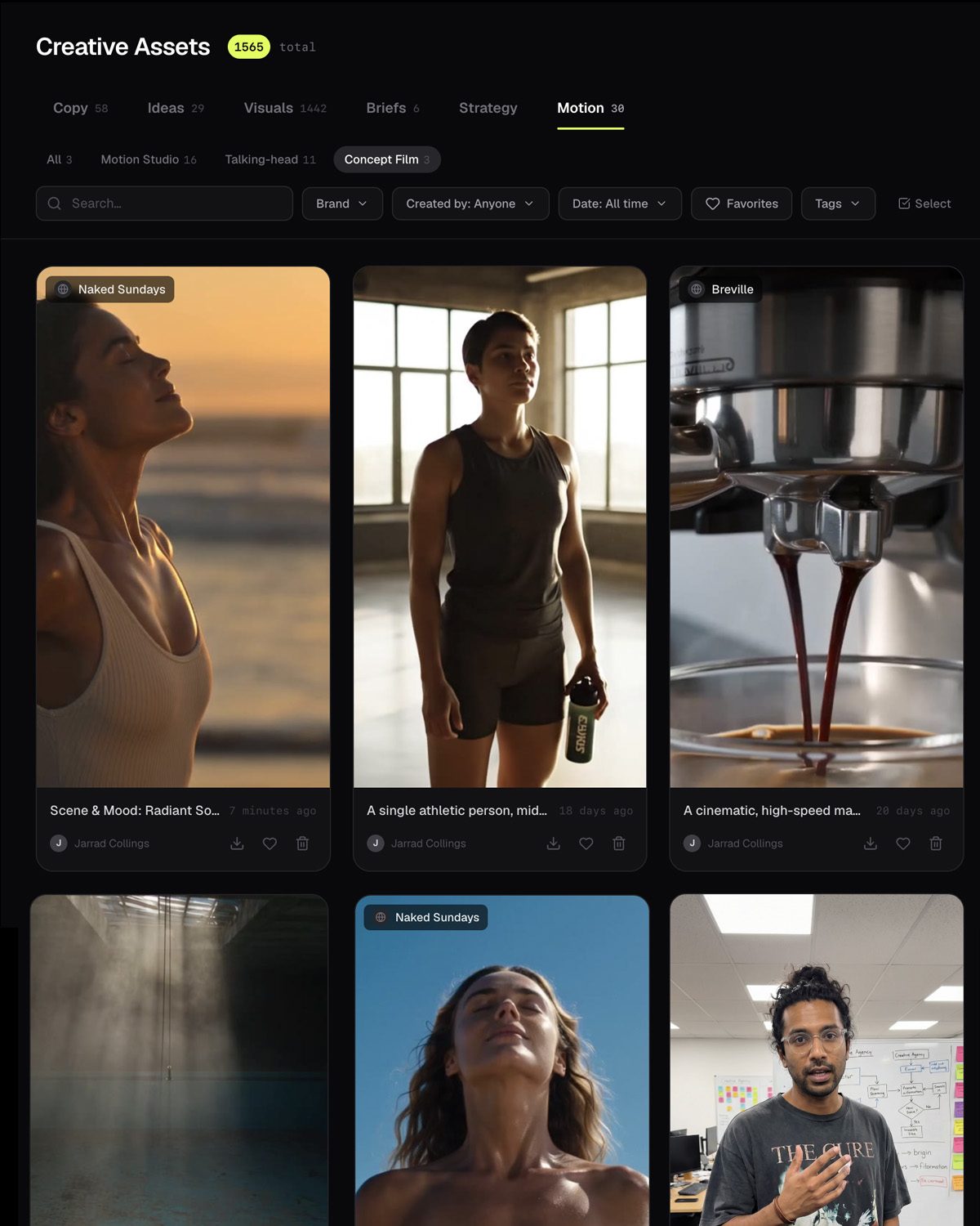 Motion clips filed beside the stills in the asset library, filtered by brand and ratio.