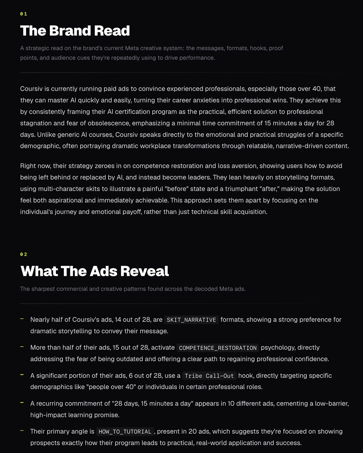 The analysis and playbook exported into a client-ready deck, with the reasoning behind the work shown alongside it.