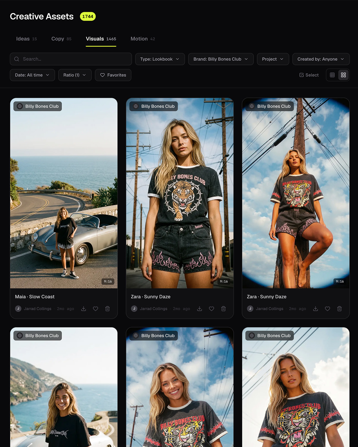Creative Assets filtered by brand and project
