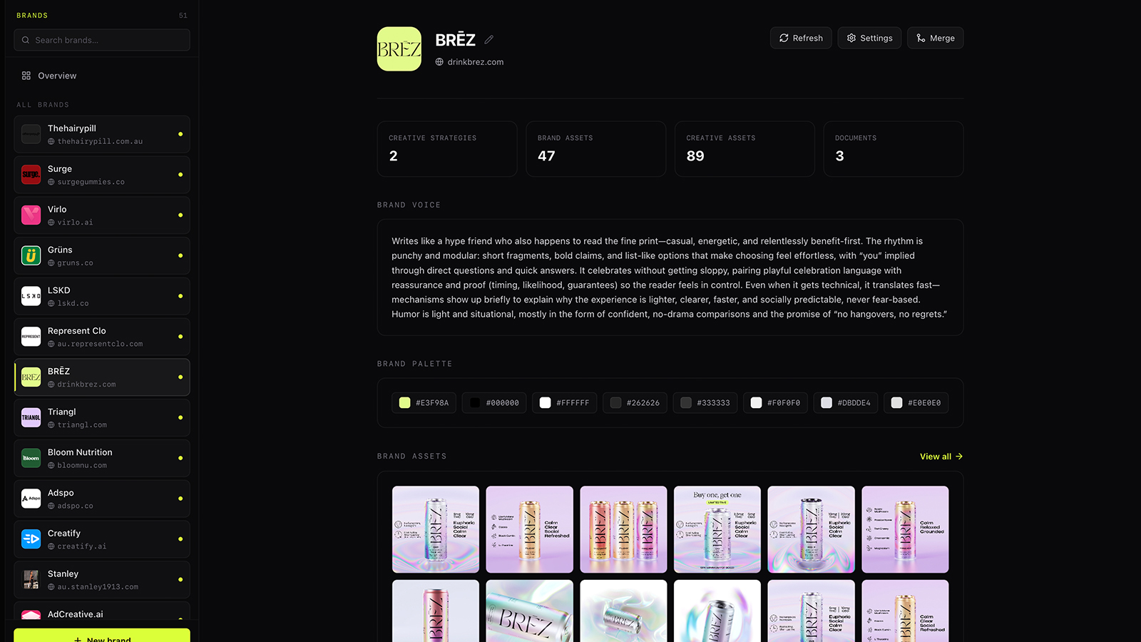 A Brand page in Heista — brand voice, palette, and assets powered by PowerSource