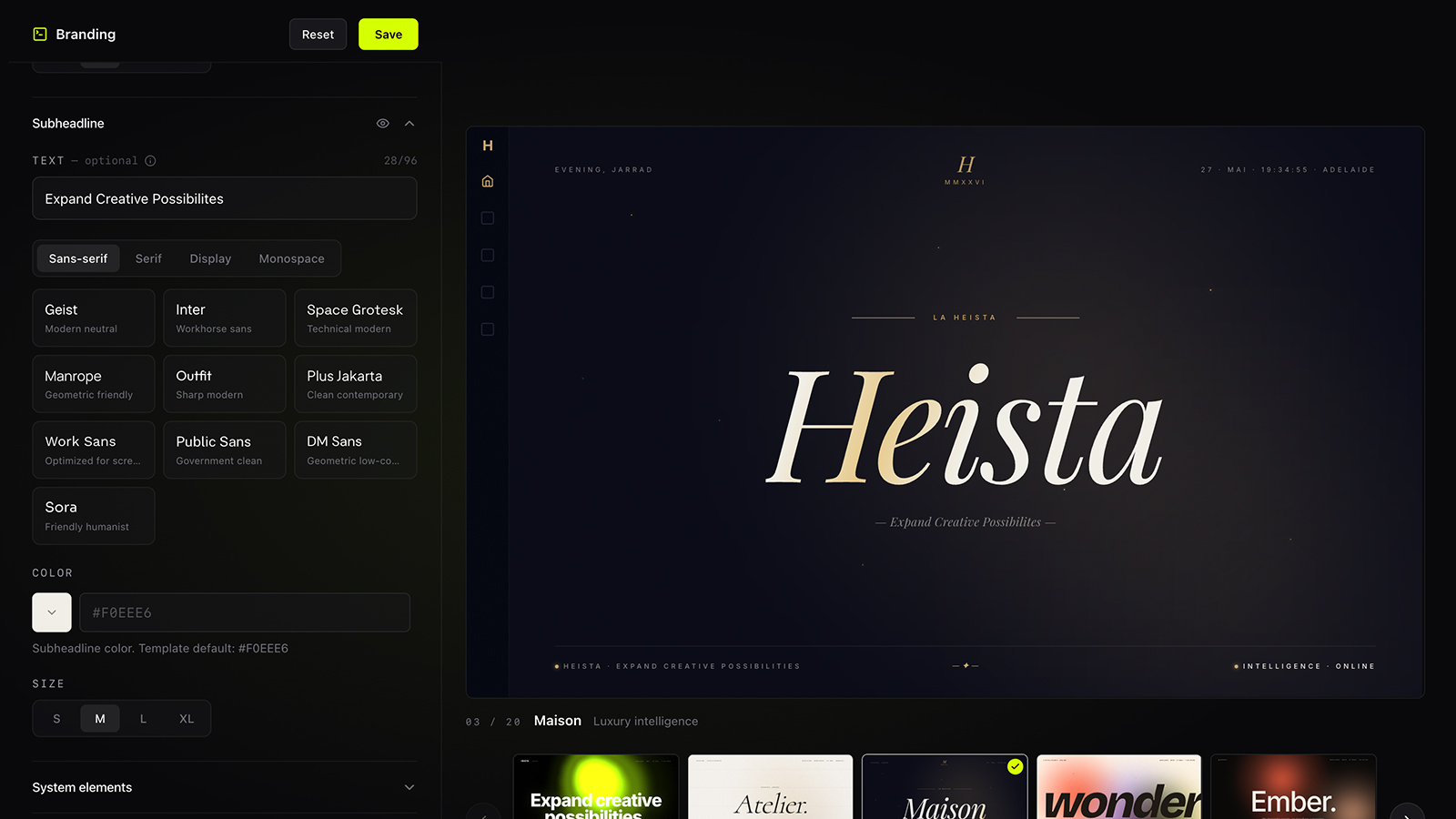 Branding editor skinning the workspace name, logo, colors, and domain