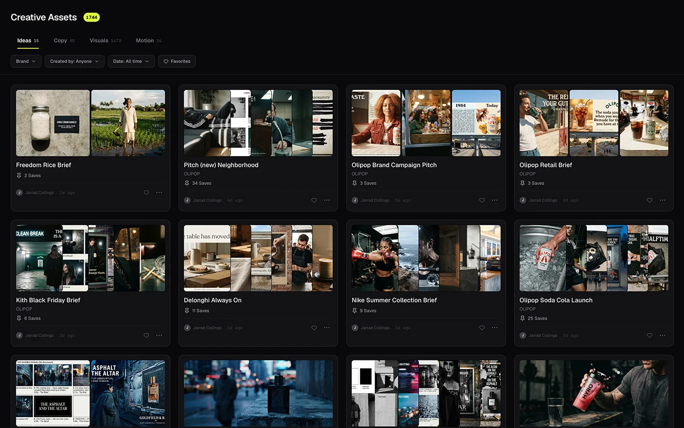 Creative Assets in Heista, showing ideas, copy, visuals and motion